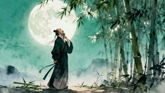 中秋节诗人竹林望月唯美国潮水墨动画