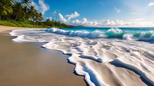 海滩海浪与椰林风景