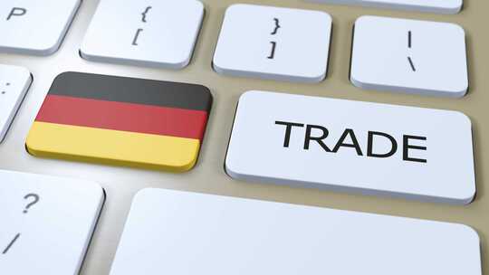 按钮3D动画上的德国国旗和贸易文本