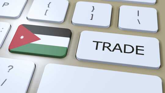 按钮3D动画上的约旦国旗和贸易文本