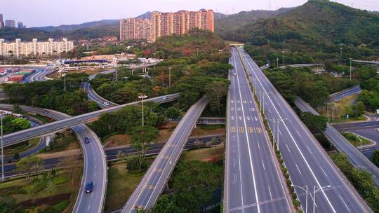 深圳龙华区城郊道路交通枢纽夕阳下航拍