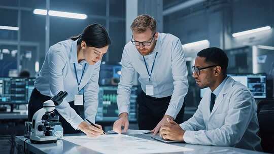 实验室科研人员探讨实验方案