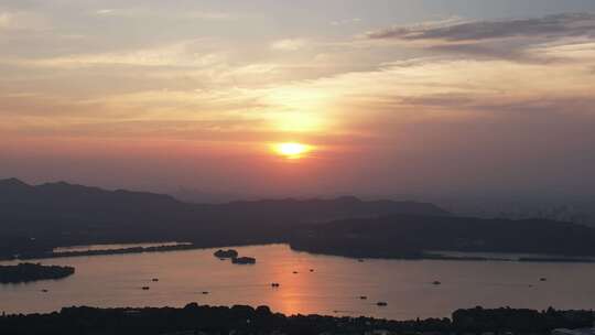 浙江杭州西湖落日晚霞夕阳西下航拍