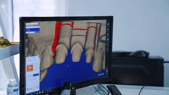 带3d义齿扫描的电脑屏幕。门牙植入的准备
