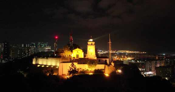 澳门东望洋灯塔夜景航拍