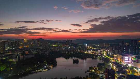 湖南郴州城市晚霞夜幕降临航拍延时4K