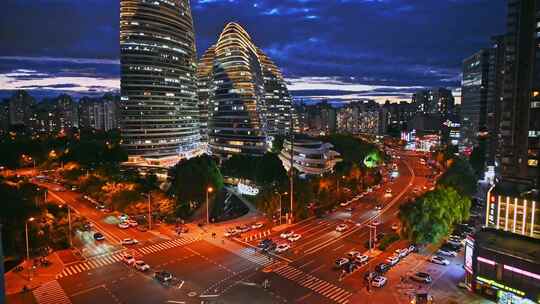 北京望京SOHO望京CBD夜景灯光车流