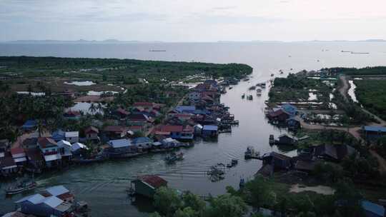 柬埔寨南海岸河口的传统渔村，船只旅行，无人机