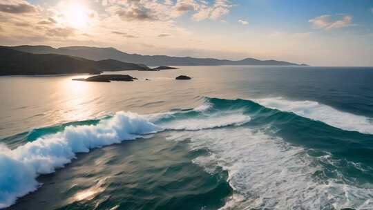 海上日落海浪全景