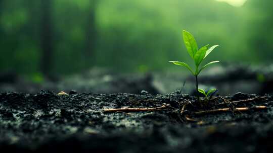 雨后生长的绿色的植物嫩芽