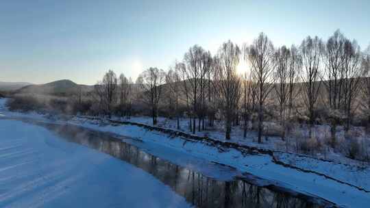 航拍林海雪原冰河冻雾朝阳