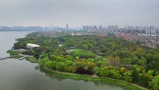 航拍春雨迷蒙下的江苏无锡蠡湖国家湿地公园