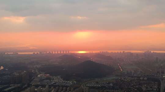 杭州滨江城市日落黄昏风景航拍