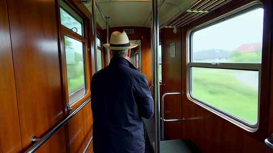 男子于火车车厢内望向窗外