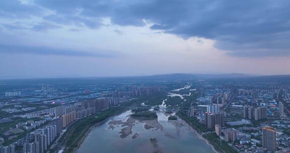 4k城市洛阳河流航拍蓝调时刻城市夜景