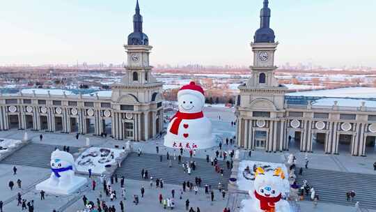 中国黑龙江哈尔滨音乐长廊网红大雪人航拍