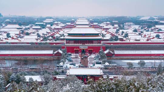 北京冬天雪景故宫全景