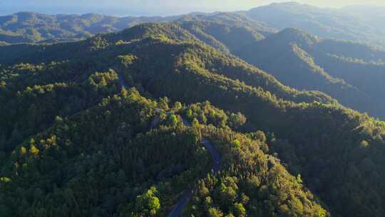 清晨盘山公路行驶汽车航拍