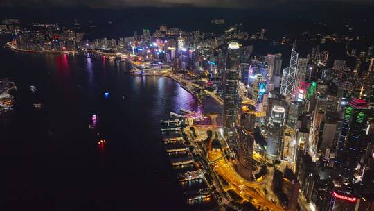 航拍中国香港维多利亚港现代城市夜景