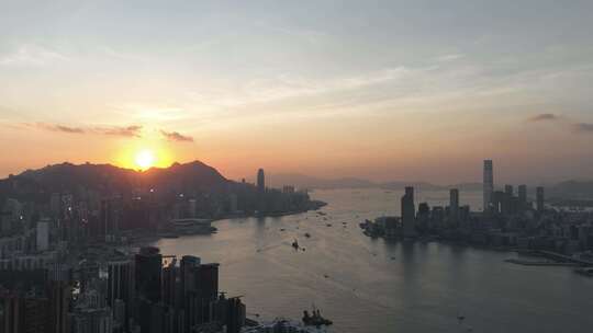 香港大景航拍维多利亚港太平山日落延时风光