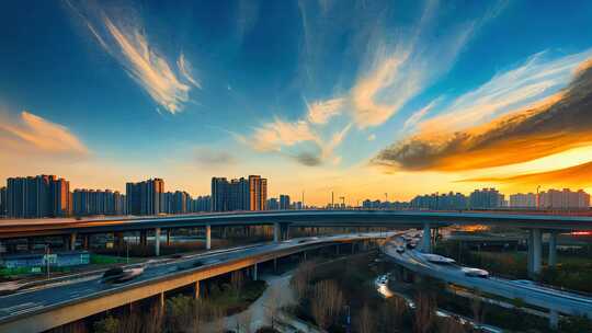 延时城市风光街道交通高架桥天空车水马龙