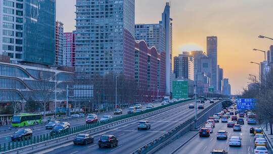 北京国贸CBD国贸桥傍晚夕阳车流延时