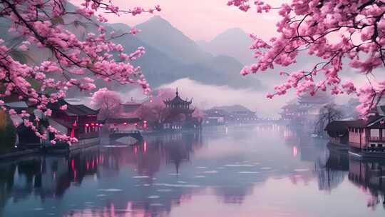 中国风 河边桃花