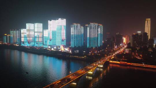 湖南长沙湘江橘子洲城市夜景灯光秀航拍