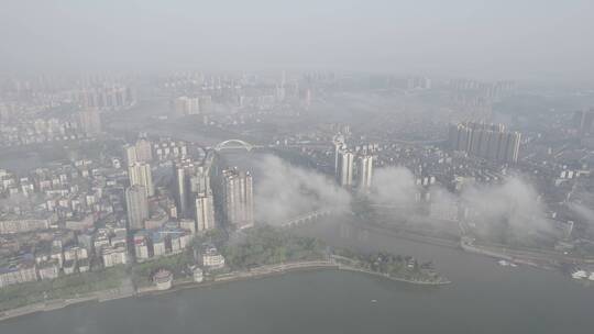 航拍衡阳湘江城市风光平流雾