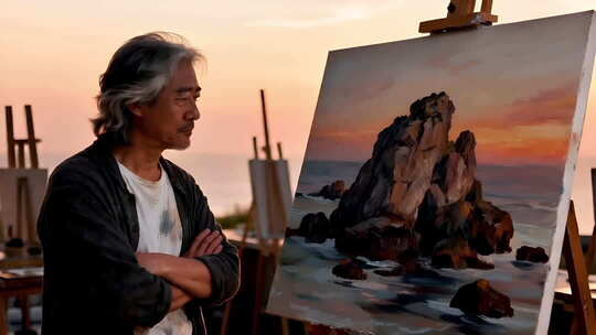 艺术家户外欣赏自己的画作