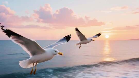 夕阳下海鸥于海面飞翔