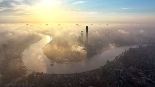 上海陆家嘴日出航拍全景