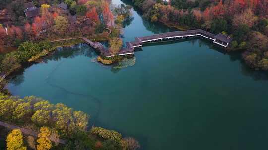 杭州西湖杨公堤浴鹄湾清晨光影秋色航拍