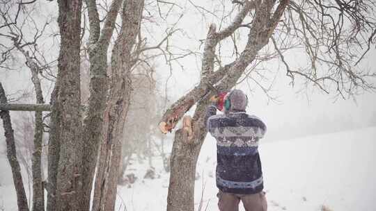 冬天暴风雪中，一个人用电锯切割树干。-广