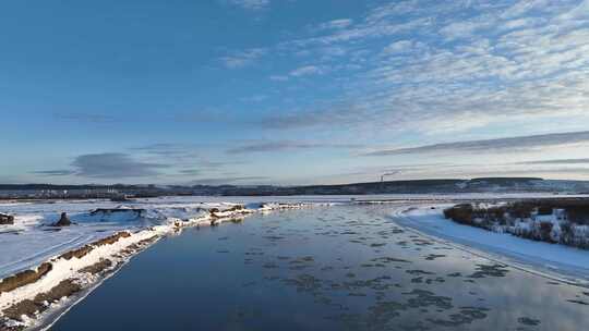 航拍冬季即将冰封的河流雪景合集