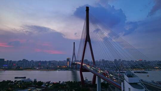 上海杨浦大桥大场景桥梁交通日落夜景4k航拍