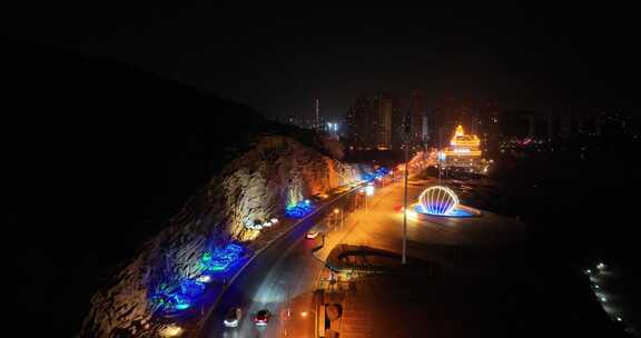 大连海滨旅游路夜景航拍