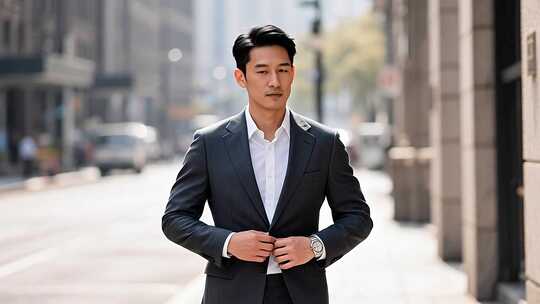 商务男士街头整理西装