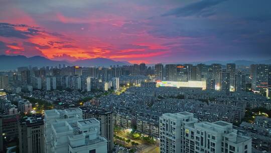 福州仓山万达城市夜景晚霞航拍