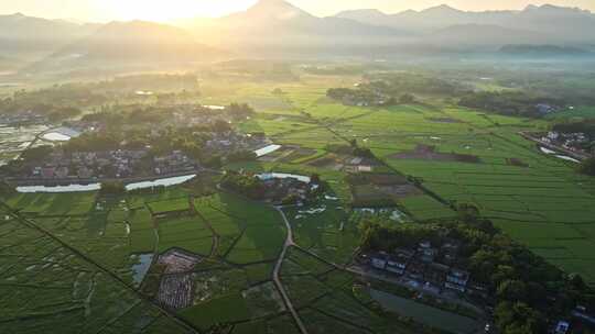 中国侨乡广东台山乡村稻田山脉山峰日出航拍