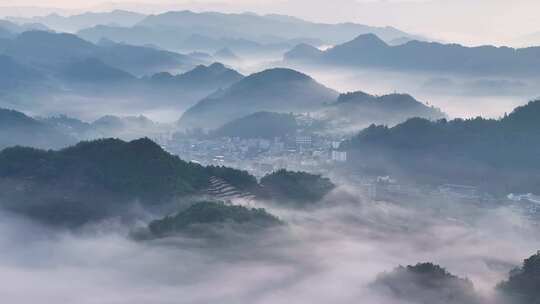 4k航拍山村云海水墨画  农村山景