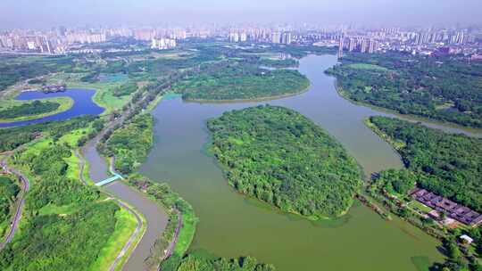 成都青龙湖湿地公园清晨白昼航拍