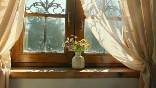 室内窗边花瓶花卉阳光景象