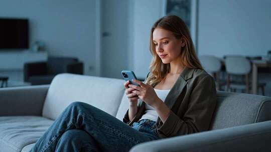 女子沙发上使用手机素材