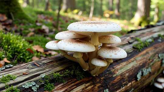 森林中木头上生长的蘑菇