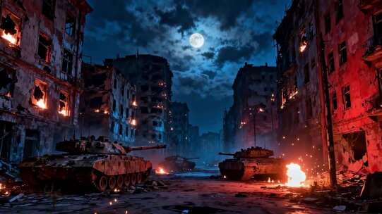 月夜下废墟中的坦克场景
