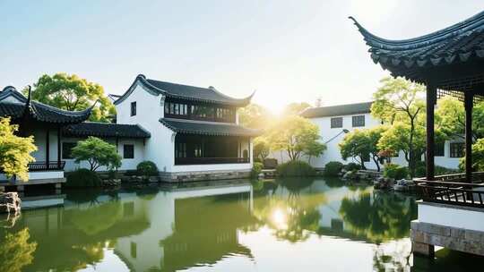 中式园林建筑池塘景观