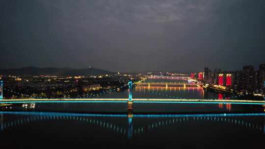 湖北襄阳凤雏大桥夜景灯光航拍