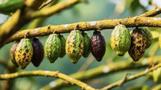 树枝上的可可果实特写