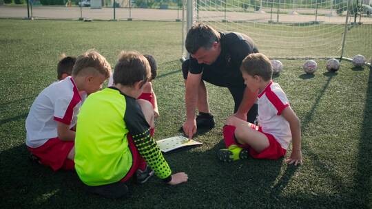 教练在指导孩子踢足球技巧视频素材模板下载